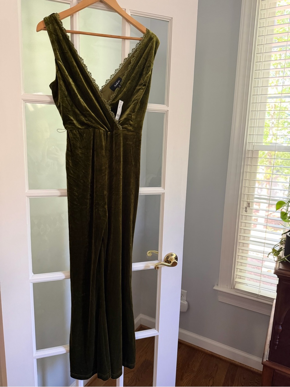 Aakaa Olive Velvet Lace-Trim Slip Romper